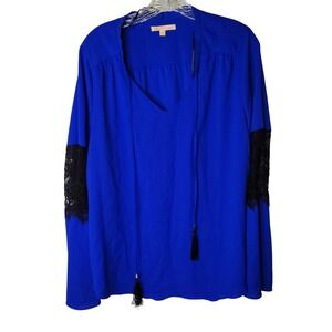Gibson Latimer Royal Blue Lace Sleeve Tassel Tie V Neck Blouse Top